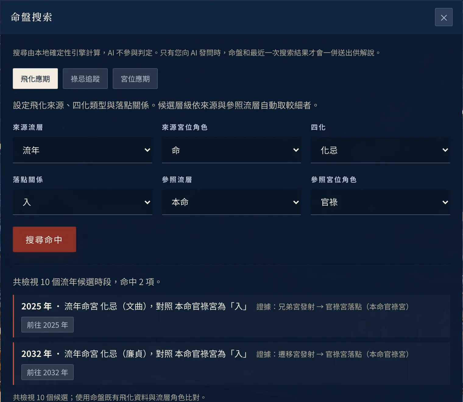 飛化應期搜索：流年命宮化忌入本命官祿宮，命中 2025 與 2032 年